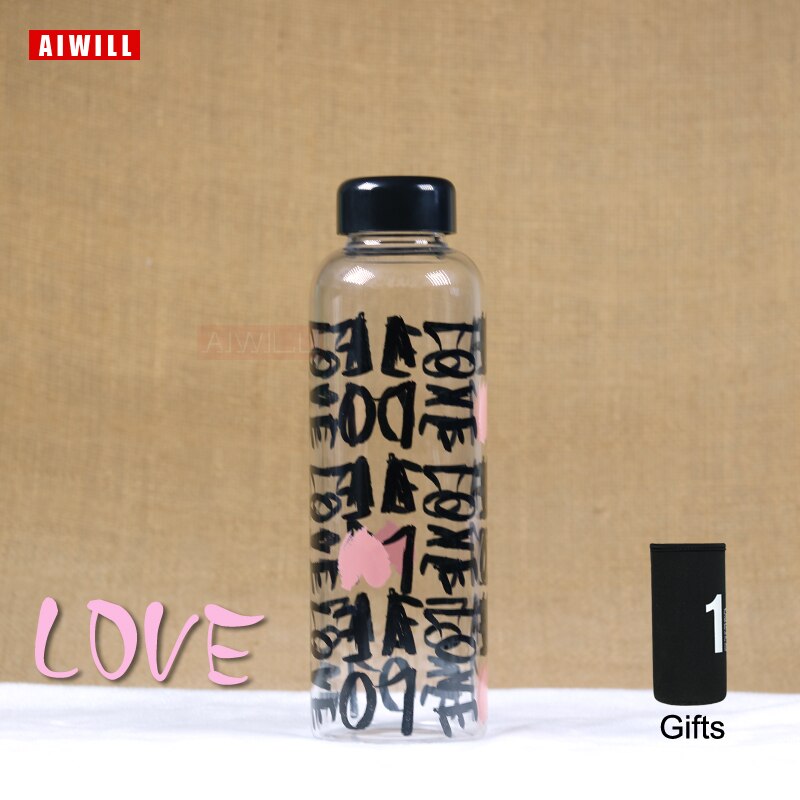 AIWILL-botella de Agua de Cristal de novedosa para mujer, 450-500ml, bonito, para deportes al aire libre