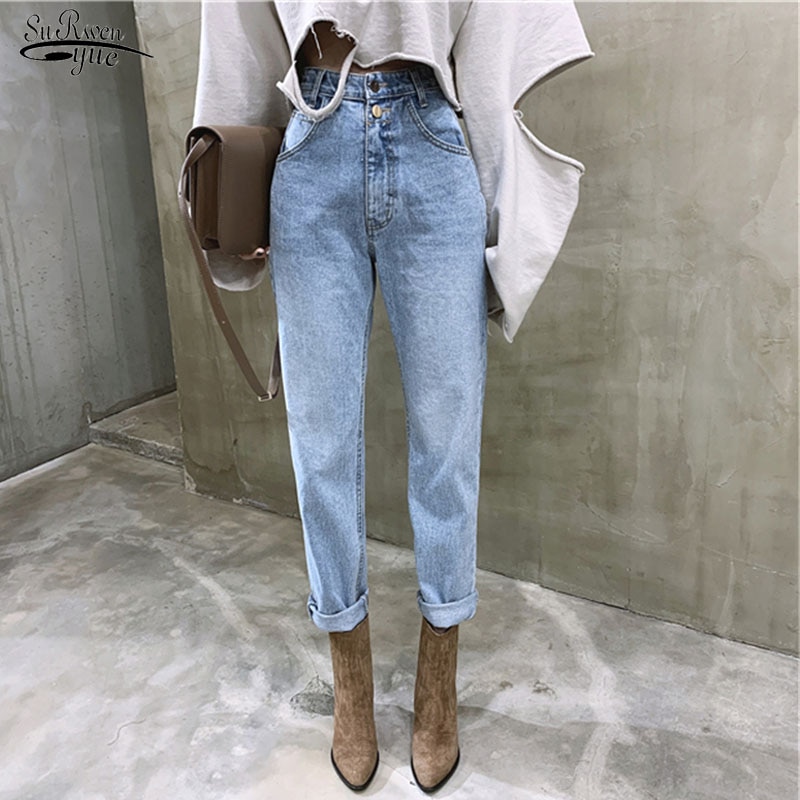 Vintage hoge taille rechte jeansbroek voor vrouwen streetwear losse vrouwelijke denim jeans knopen rits dames jeans pantalon 10394