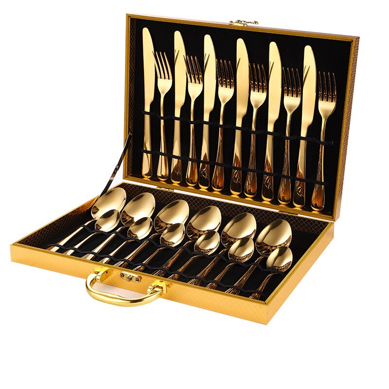 24 Stks/set Goud Bestek Zilverwerk Set Steak Mes Vork Lepel Theelepel Noble Wedding Party Reizen Thuis Luxe Bestek Set: E
