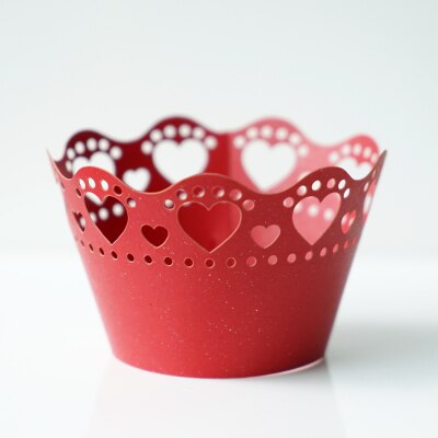 Bruiloft cupcake side 10 stks/pak hartvorm hol papier cupcake omliggende rand bakvormen cake tools wit/blauw/roze/zilver: Red