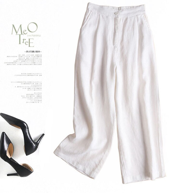 Comfortable Linen Wide-leg Pants Office Ladies Elastic Waist Formal Pants: 2 / L