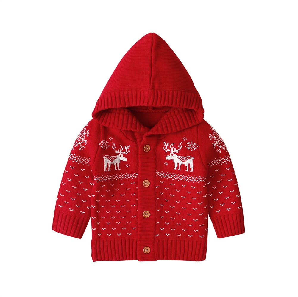 0-24m xmas nyfødte spædbarn børn baby pige dreng elg strikket langærmet hættejakke jakke cardigan sweater tøj baby tøj: Rød / Nyfødt