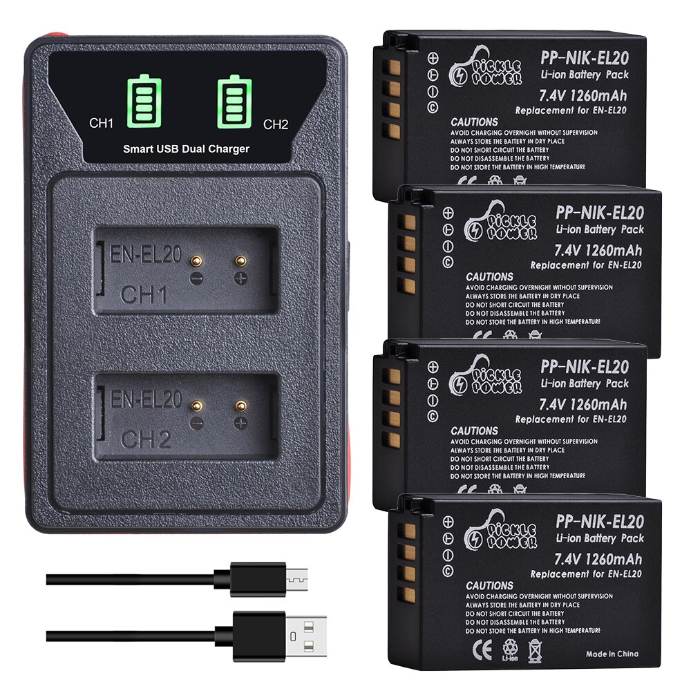 4 stk og -el20 en el20 en el20a batterier + led innebygd usb dobbel lader for nikon coolpix  p1000 nikon 1 j1, j2, j3 nikon 1 aw1: 4 batterier 1 lader
