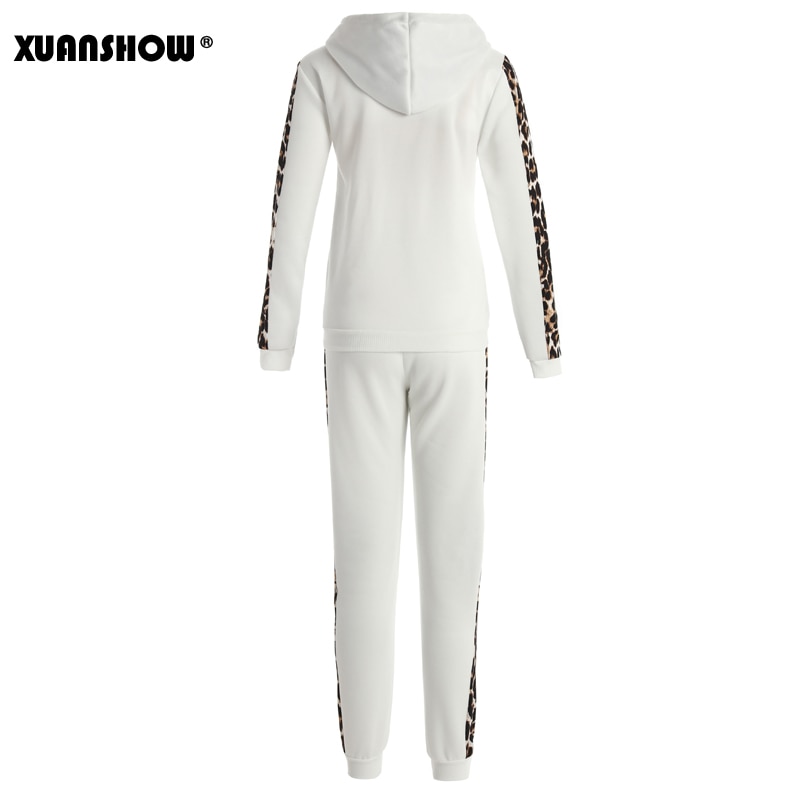 Xuanshow Herfst Winter Mode Trainingspak Vrouwen Splice Fleece Luipaard Print Jas Met Kap Twee Stukken Set Hoodies Lange Broek Pak