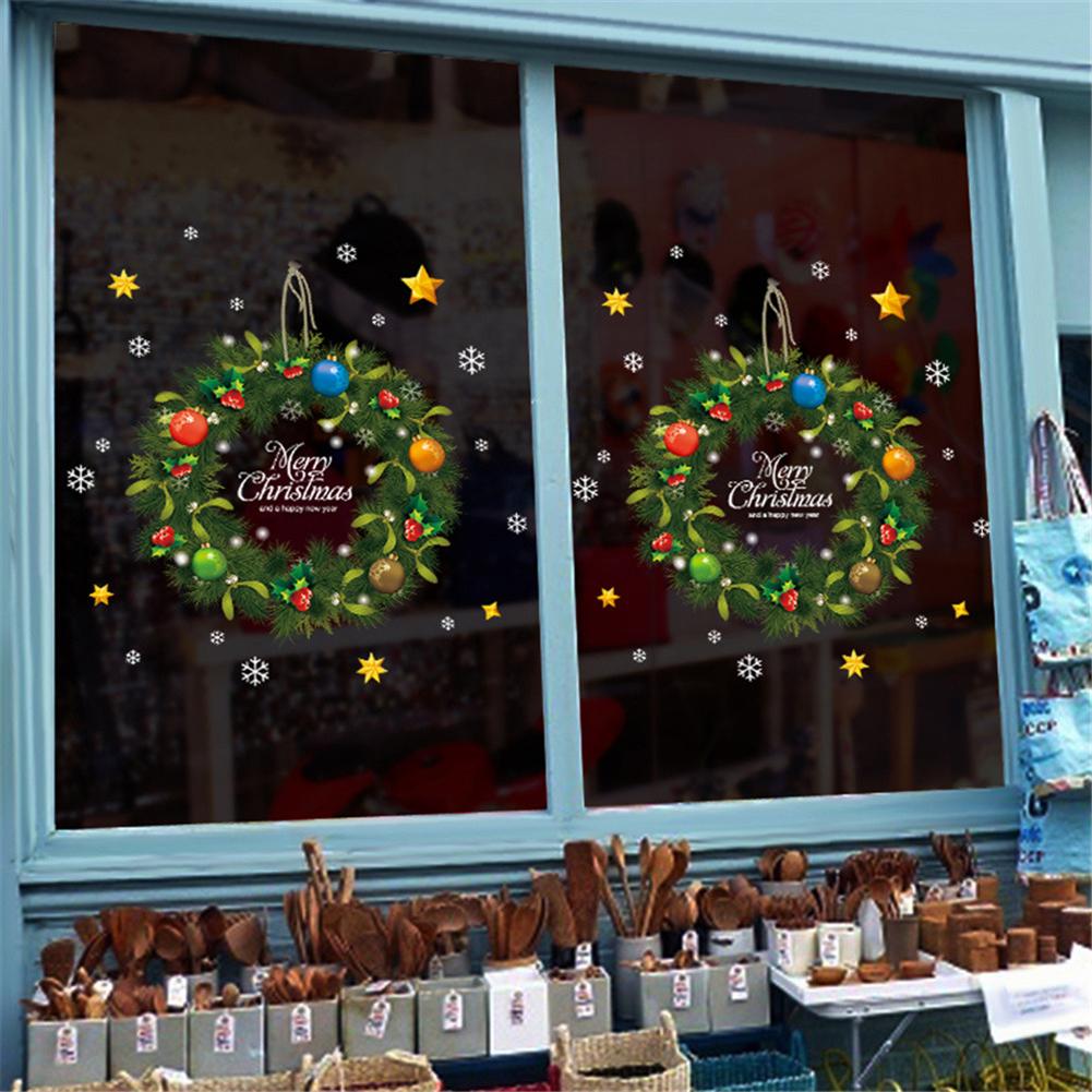 Christmas Wreath Wall Stickers Window Glass Section Decal Santa Claus Mural Art Year Christmas Decoration Home Decorati