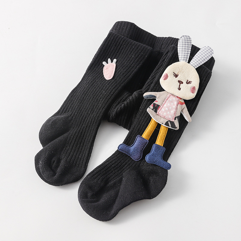 Niedliche strumpfhose mit hasenmotiv für mädchen, herbst/Winter, aus baumwolle, weich und elastisch, für neugeborene und babys: Schwarz / 0-6 monate