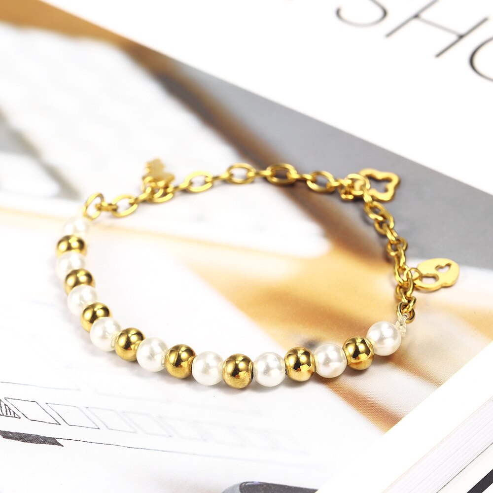 OUFEI, pulsera con dijes, accesorios de joyería, joyería de acero inoxidable para mujer, , pulsera de bolas de acero perlado, brazaletes para mujer