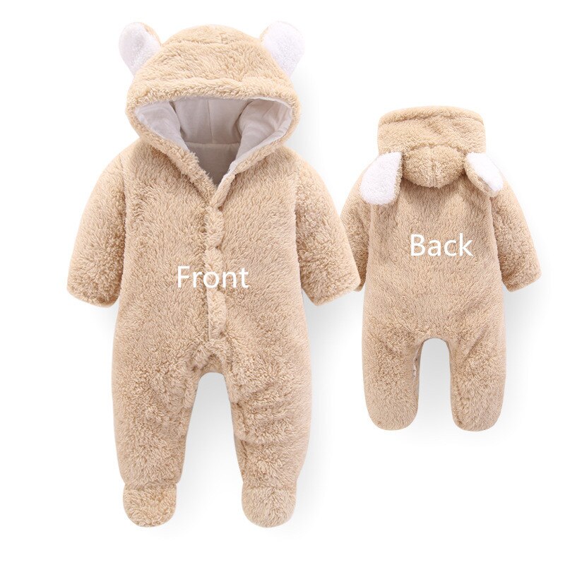 Baby Rompertjes Winter Jongens Meisjes Hooded Jumpsuit Thicken Warme Zachte Flanel Footsuit Kids Klim Schoeisel Kleding 1 Stuk: Brown / 3M