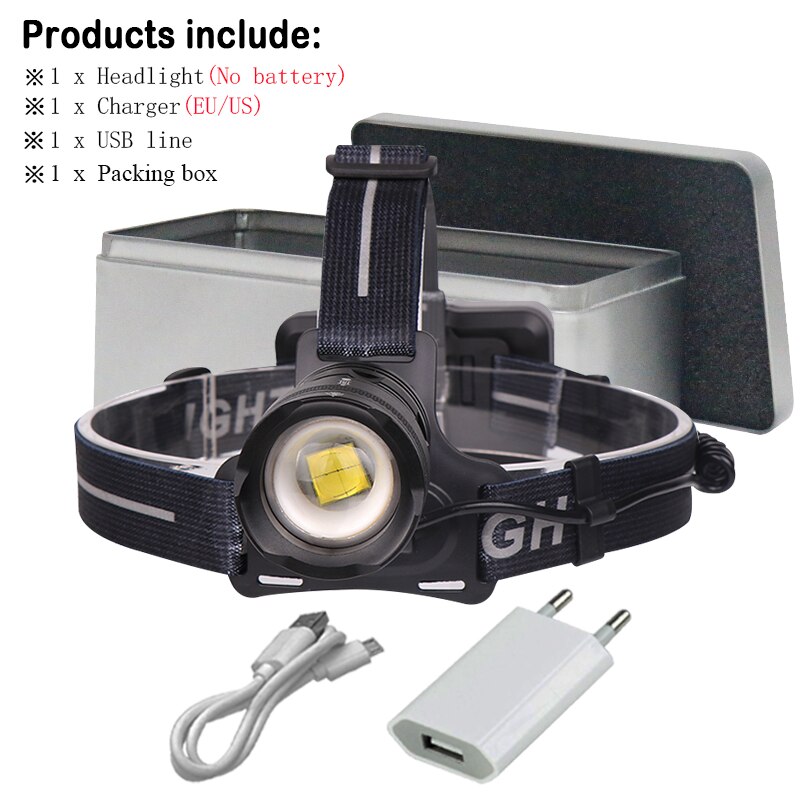 powerful Led head lamp xhp70 rechargeable led headlamp xhp 50 cob t6 head torch flashlight 18650 battery waterproof headlight: DHT310H1-BOX