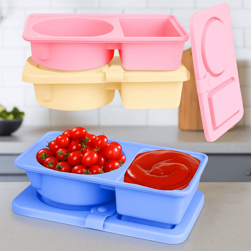 Conteneurs de collations réutilisables en Silicone, boîte à serpent pliable et étanche à Double compartiment avec couvercle, conteneurs d'assaisonnement de Sauce pour la maison