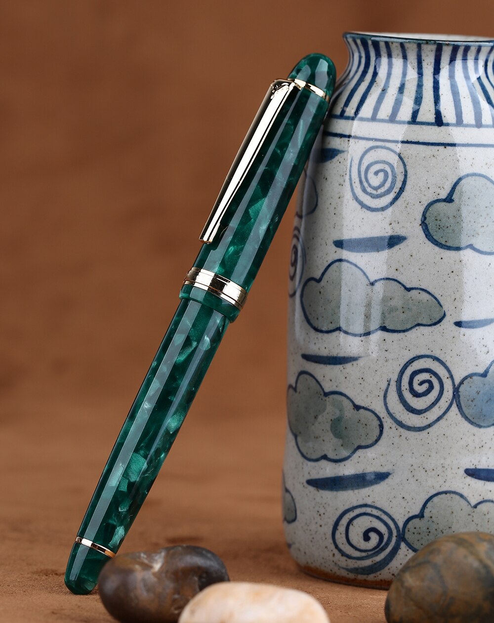 MAJOHN S3 Acrylic Resin Fountain Pen Green Iridium Extra Fine / Fine Nib 0.38 / 0.5mm Writing Ink Pen Gold Trim Office