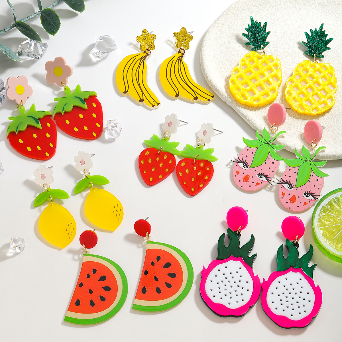 dessin animé coloré banane fraise pastèque boucles d'oreilles pour les femmes acrylique été plage fruits fête bijoux