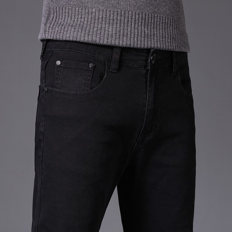 Black plus velvet men's business casual jeans Classic loose soft cotton trousers winter Warm pants