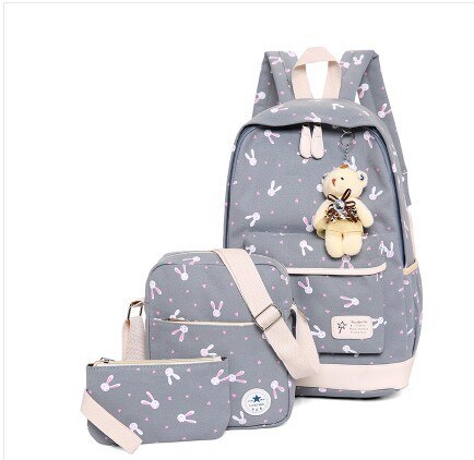 cartoon printing 3pcs/set school bags for women girls Fresh backpacks School backpack rucksack bag mochila escolar: gray