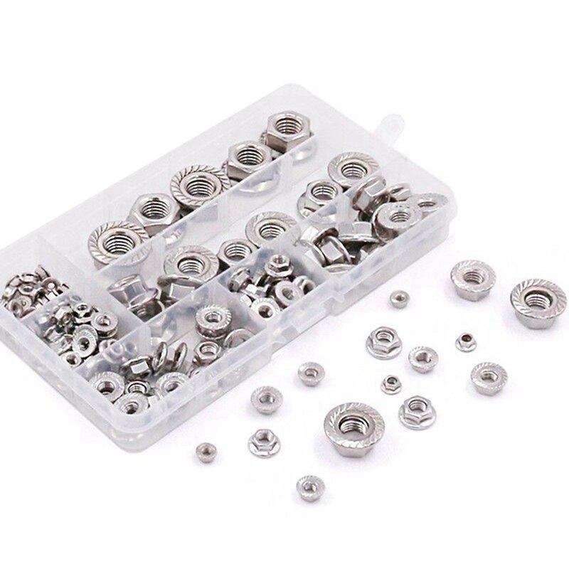 140PCS Stainless Steel Hexagon Flange Lock Nut M3-12 Hex Flange Nut Set