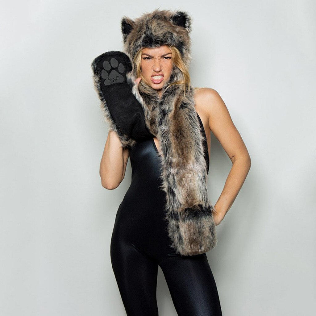 Women Faux Fur Hood Animal Hat Ear Flaps Hand Pockets Set Animal Hood Hat Wolf Plush Warm Animal Cap with Scarf Gloves