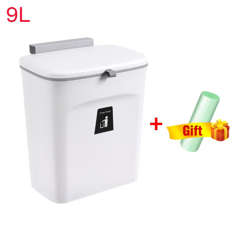 7/9L Hanging Trash Can For Kitchen Large Capacity Kitchen Recycling Garbage Basket Bathroom Wall Mounted Trash Bin With Lid: 9L White