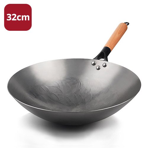 Casserole chinoise en fonte de 34CM, Wok à fond rond antiadhésif Non revêtu avec manche en bois de hêtre pour cuisinière à gaz, ustensiles de cuisine: 32cm