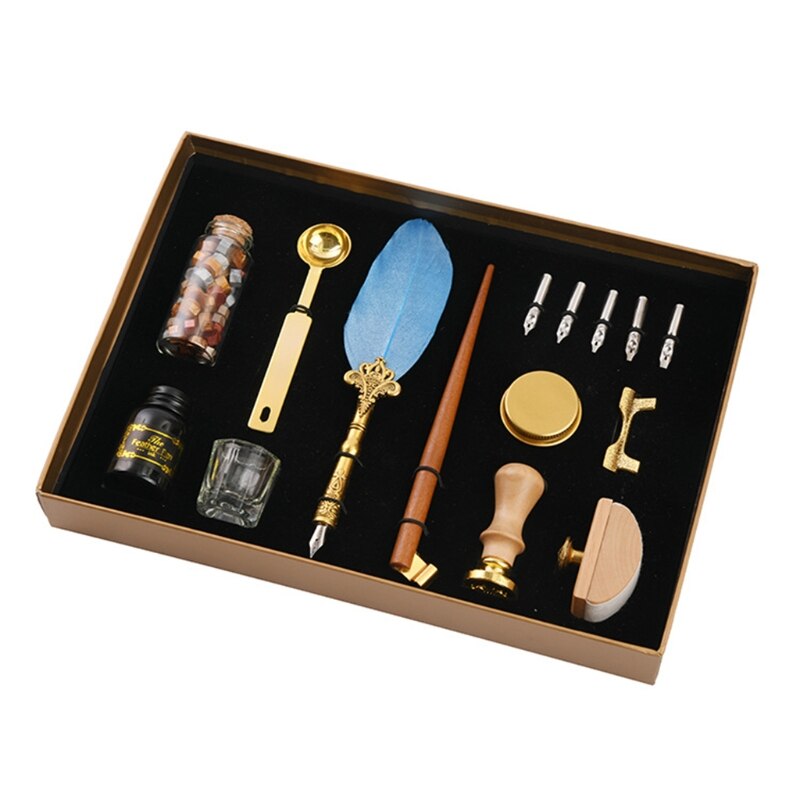 Retro Kalligrafie Quill Veer Dip Pen Met Penpunten Lakzegel Stempel Houder Geschenkdoos 103E: Blue