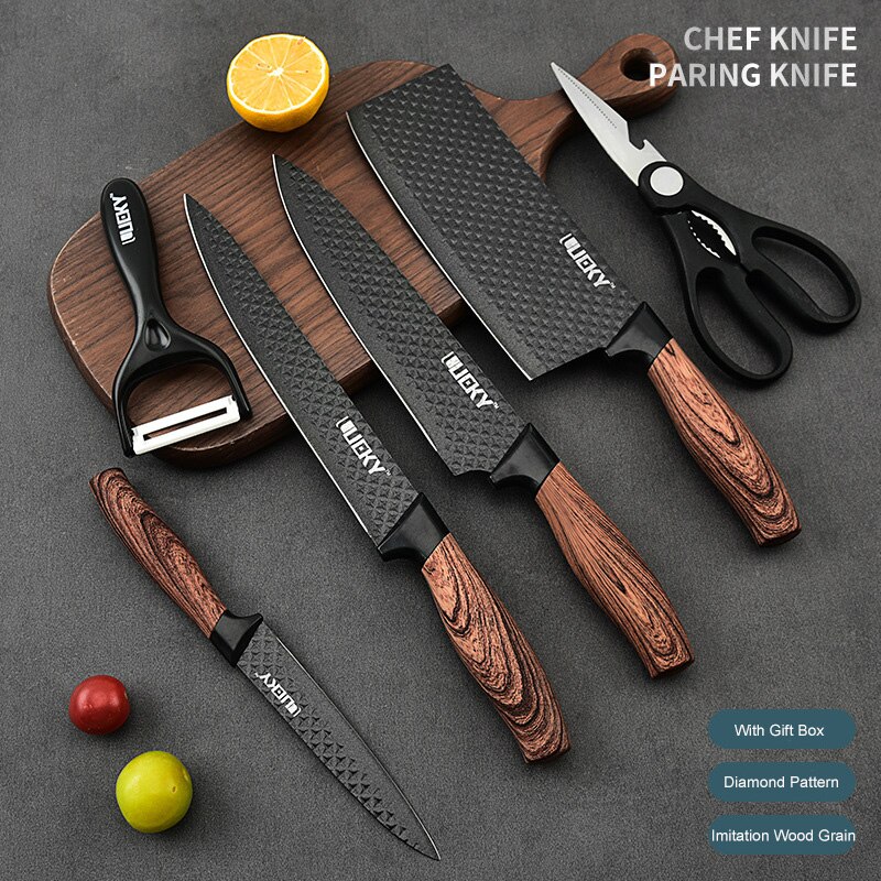 Juego de cuchillos antiadherentes de acero inoxidable para el hogar, utensilios de cocina con de ondas afiladas, con tecnología antiadherente, ideal para , 6 piezas