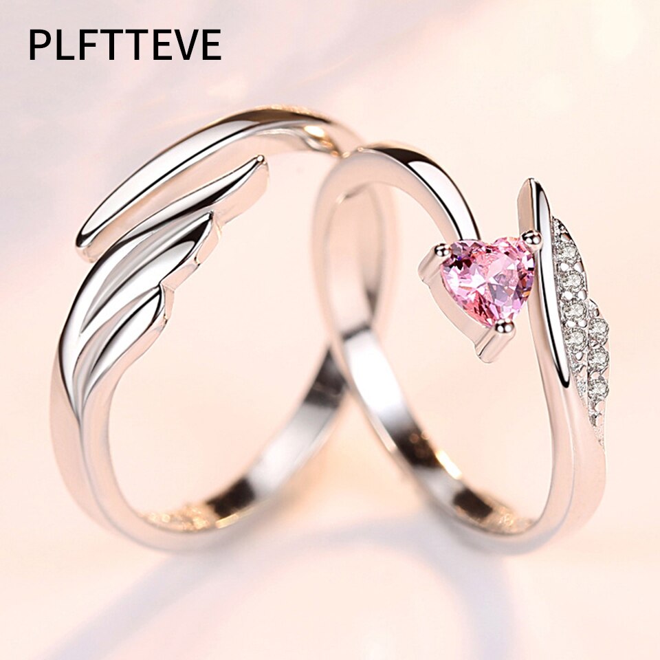 Zirkoon Hart Wings Paar Ringen Voor Liefhebbers Vrouwen Mannen Zilveren Open Verstelbare Man Vrouw Engagement Wedding Ring Mode-sieraden