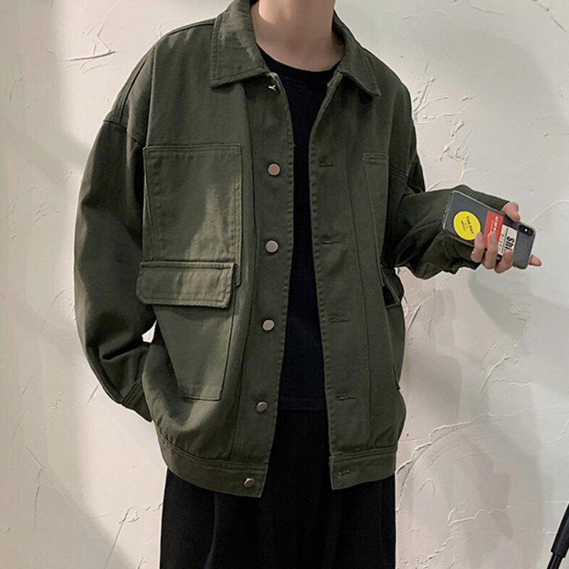 Höst män grön jeansjacka koreansk lapel långärmad vita jeans jackor man casual lös enkelknäppt svart jacka
