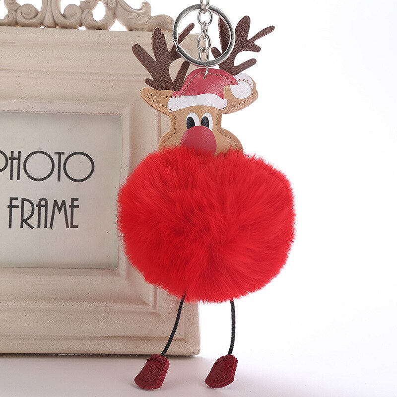 Reindeer Keychain Pendant Elk Car Key Ring Pompom Fur Key Women Girls Bags Accessories for Birthday Decor Wedding supplies: red