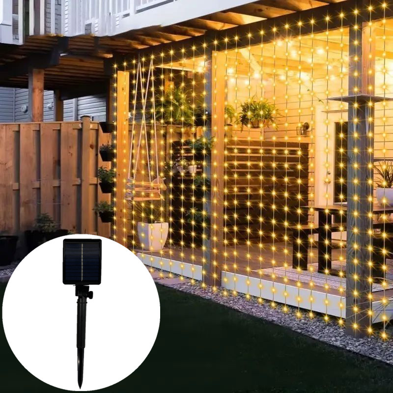 Cortina de luces LED solares de 6M/3M, 8 modos de iluminación, guirnaldas de luces para exteriores, cenador para de boda, decoración de jardín, iluminación navideña