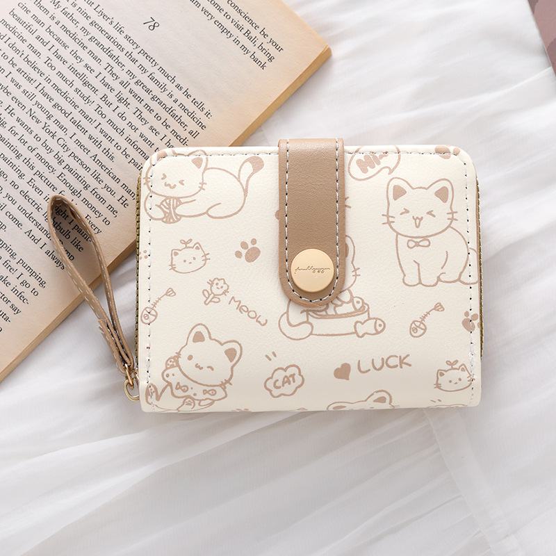 Minimalist Cute Cat Wallet Women Japanese Style Snap Closure Coin Pocket Hand Strap Multi-Function: Beige