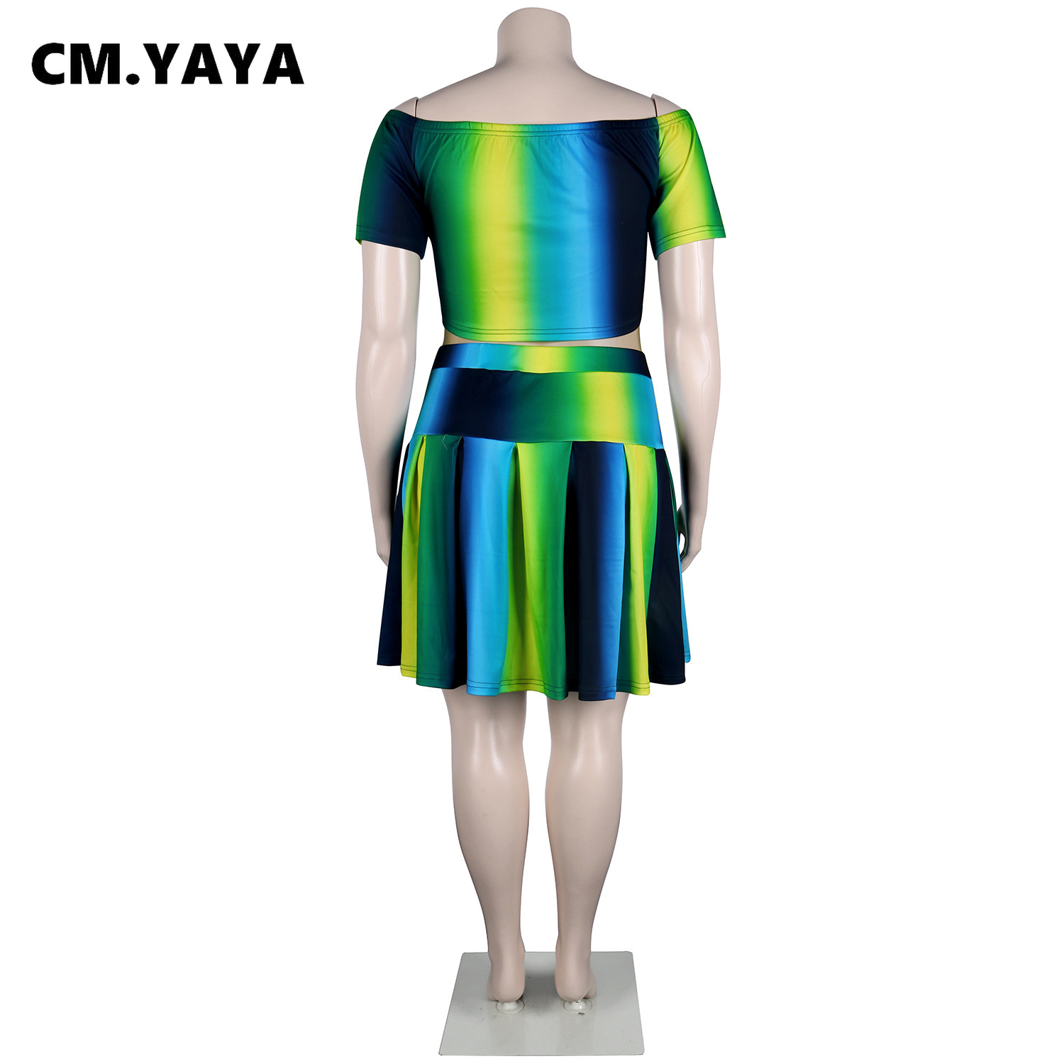Cm. Yaya Vrouwen Plus Size Set Print Korte Mouw O-hals Crop Tops Korte Geplooide Rokken Twee 2 Stuk Sets Mode Outfits zomer