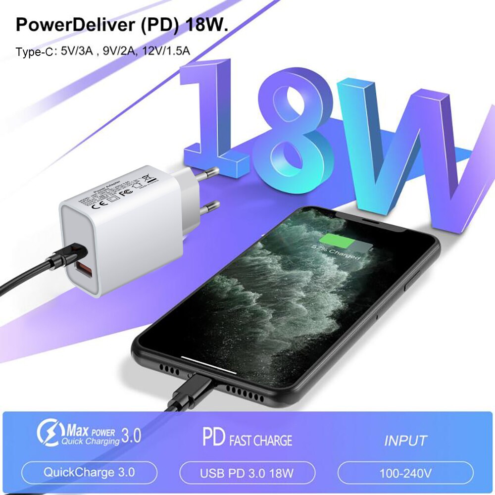 FDGAO 18W Quick Charge 3.0 USB PD Charger QC3.0 Type C Adapter For iPhone 12 Pro Max Samsung S20 S10 Wall Travel Phone Charger
