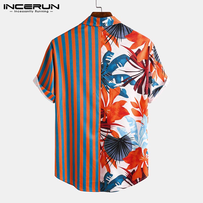 Mænd etnisk printede skjorter kortærmede revers patchwork skjorte afslappet løs blød camisas sommer hawaiian blusas plus str.