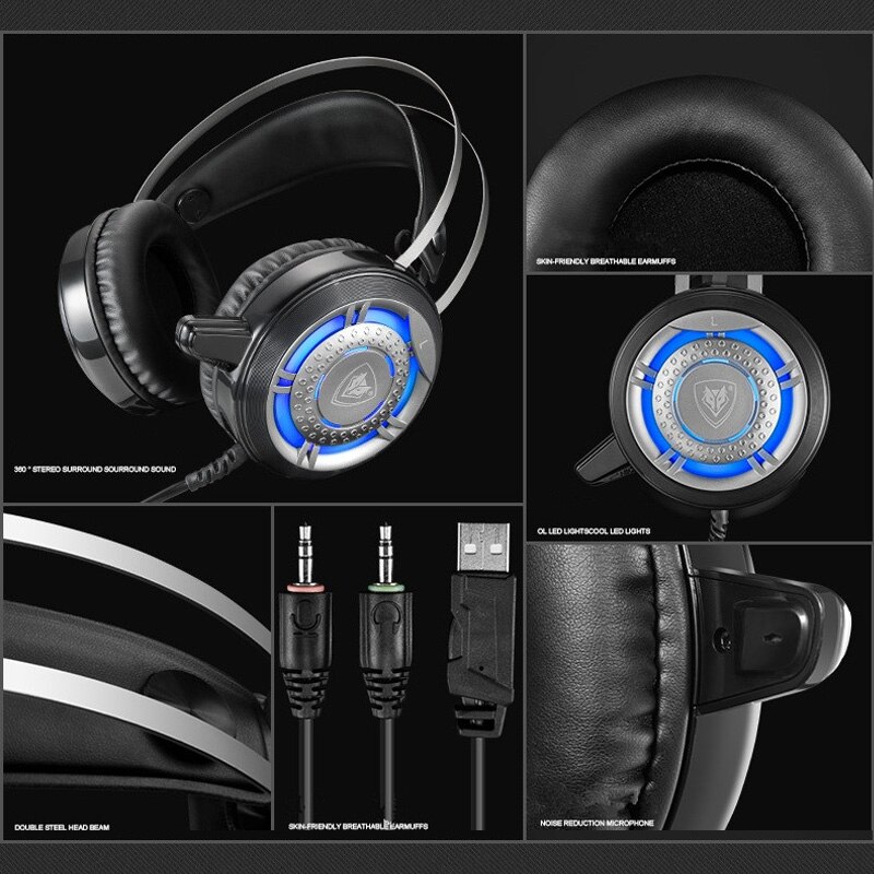 Gaming Wired Hoofdtelefoon Bass Stereo USB Professionele Metalen Game Oortelefoon met Microfoon Backlit LED Noise Cancellation voor PC Laptop