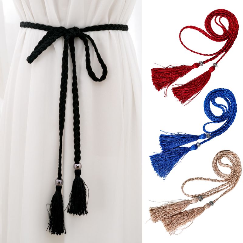 Cinto de borla tecido estilo trançado para mulheres, cintura boêmia para senhoras, corda de cintura, moda chinesa, acessórios de vestido