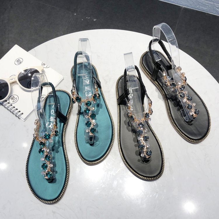 Sandalias de verano con cristales y pedrería para mujer, chanclas planas elásticas con tiras en la parte posterior y tiras para los dedos  r135
