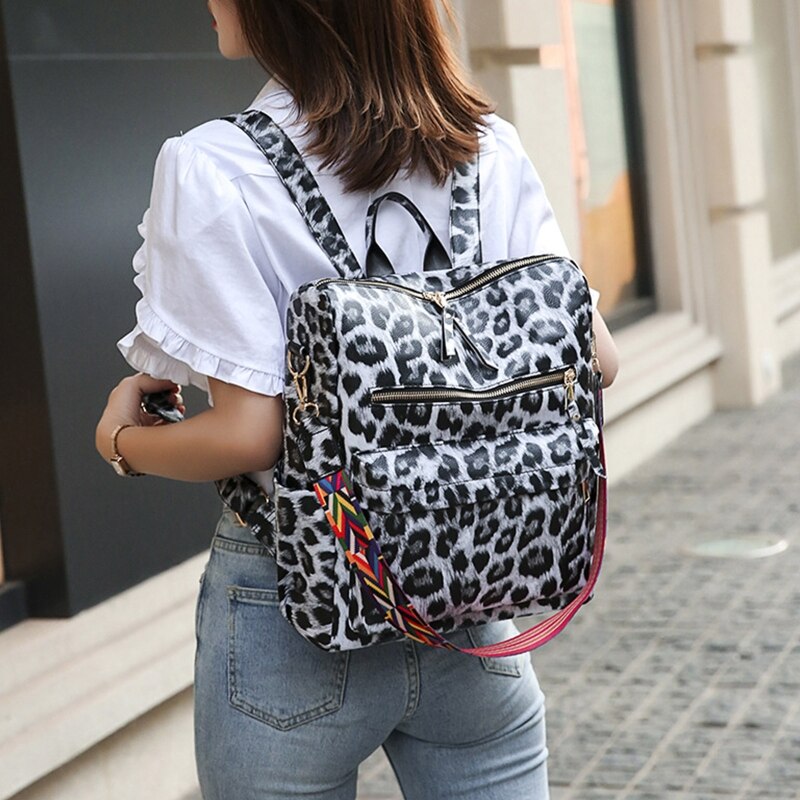 Leopard Women Backpack Girl Ladies PU Leather Purses Travel Shoulder Bag