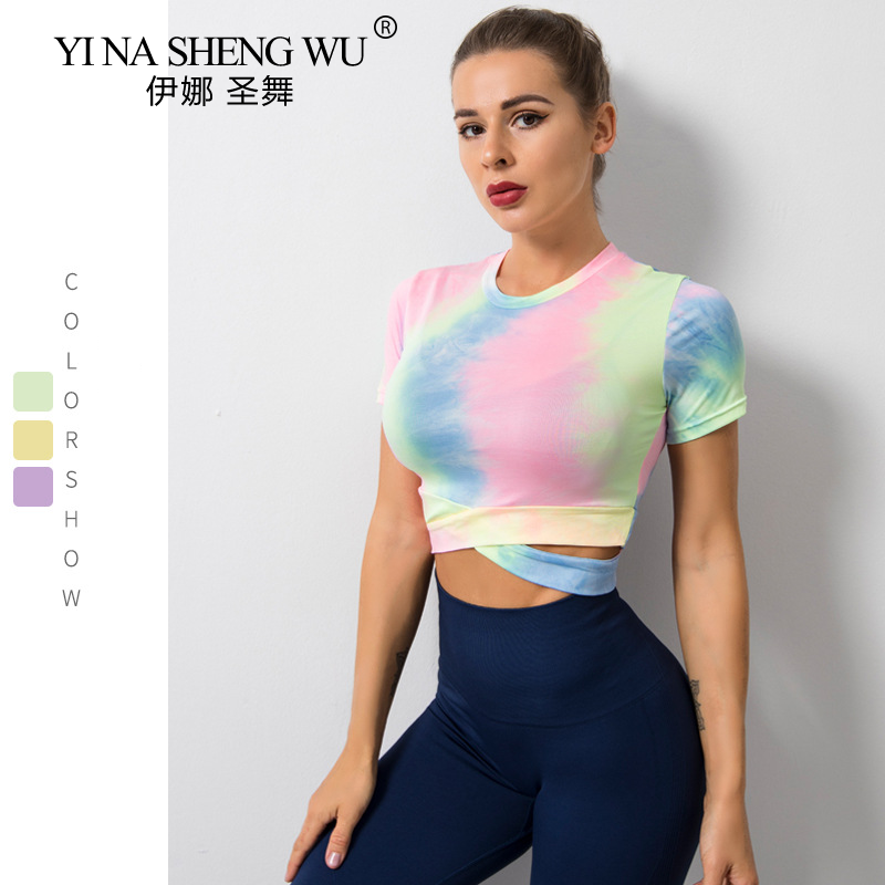 Verven Naadloze Yoga Top Gym Fitness Kleding Sportkleding Hoge Taille Gym Leggings Korte Mouwen Sport Shirt Tie Dye Yoga tops