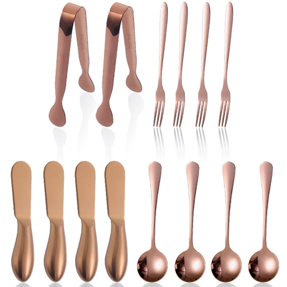 14/20pcs Gold Cheese Knife Set Cheese Spreaders Knife Butter Slicer with Mini Serving Tongs Spoons and Fruit Forks Knives Set: 14pcsRose Gold