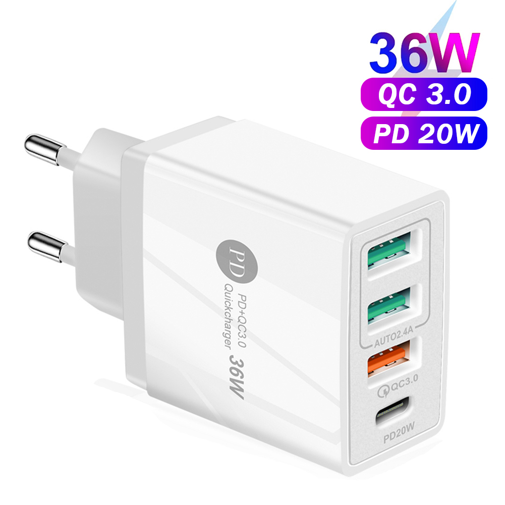 4 porty 36W ładowarka do telefonu komórkowego 2.4A PD 20W szybkie ładowanie 3.0 USB typ C ładowarka ścienna do iPhone 13 12 11 Xiaomi Samsung