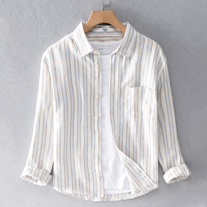 100%  linne stil randig vit skjorta herrmärke långärmade fritidsskjortor för män bekväm skjorta herr chemise toppar