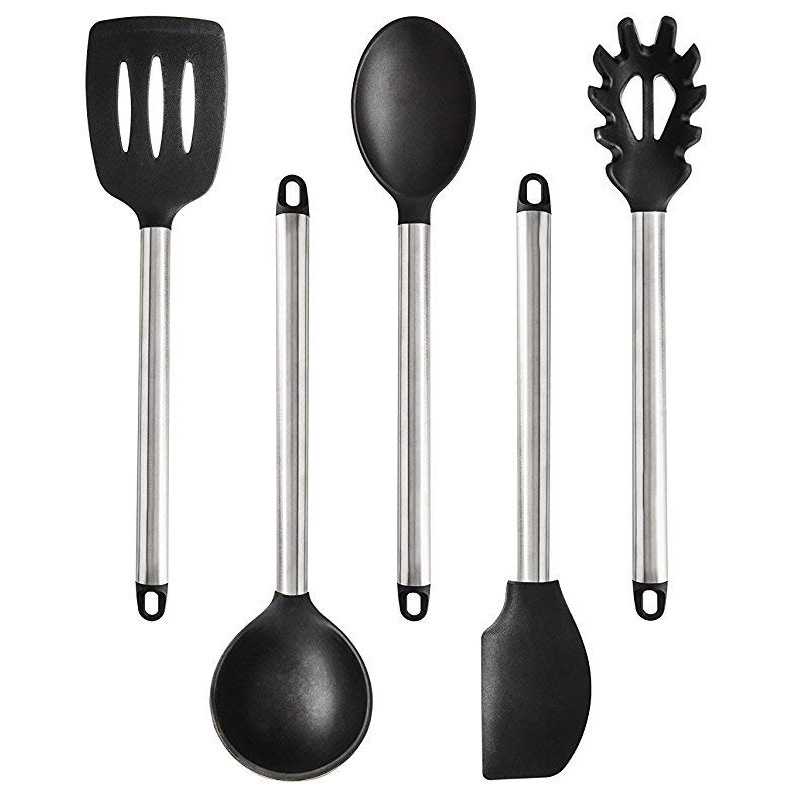 Silikon kjøkkenutstyr sett varmebestandig bakeredskap slikkepott spade suppeskje med trehåndtak non-stick kokekar: 5 stk svart