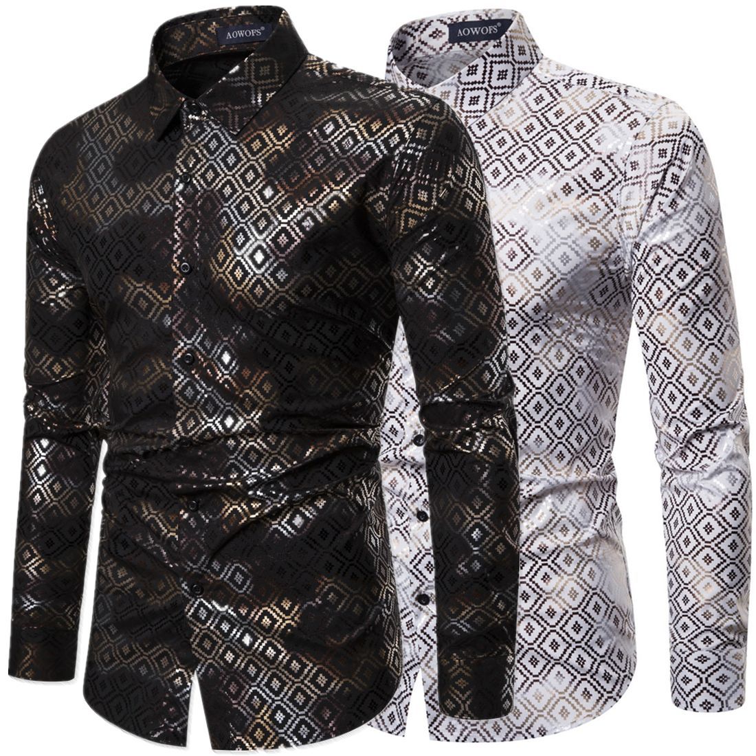 Chemise à manches longues pour homme, petit motif à carreaux, imprimé or, extensible, printemps