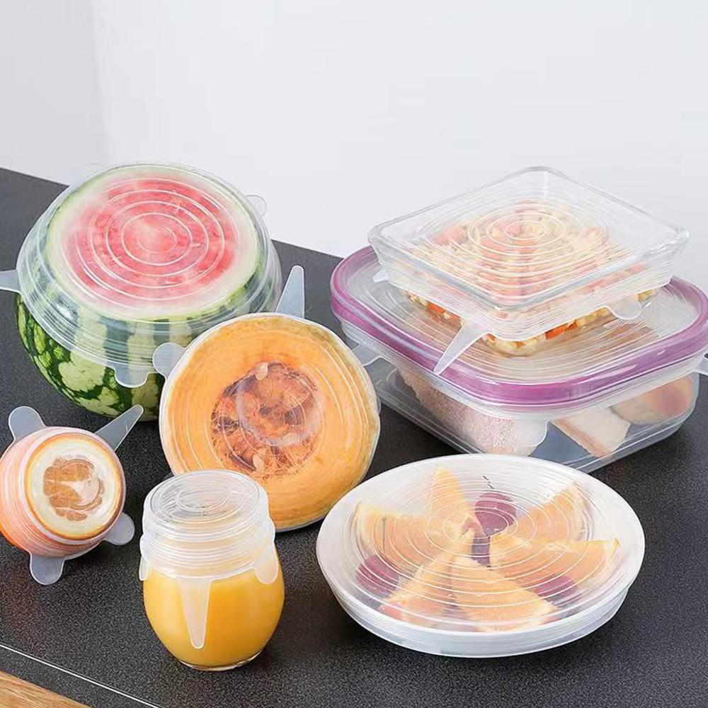 Tapas elásticas de silicona de 6 uds, tapas herméticas reutilizables para envolver alimentos, cubiertas para mantener el bol sellado fresco, cubiertas elásticas para envolver, utensilios de cocina