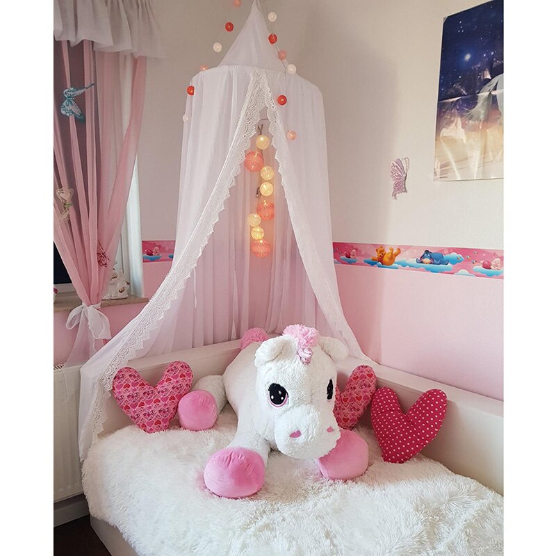 Auvent de lit rond rose blanc/gris, rideau de berceau pour bébé fille, avec dentelle, tente de jeu pour enfants, dôme suspendu, chambre d&#39;enfant