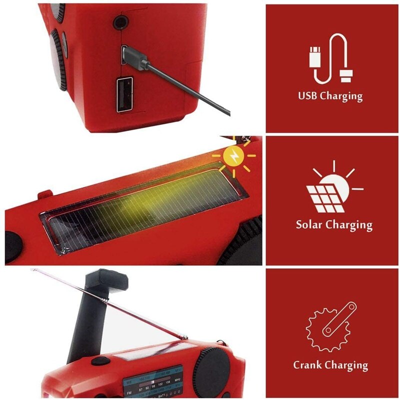 Emergency Solar Hand Crank Draagbare Noaa Weather Radio Met Am/Fm Oortelefoon Jack Led Zaklamp 2000Mah Power Bank