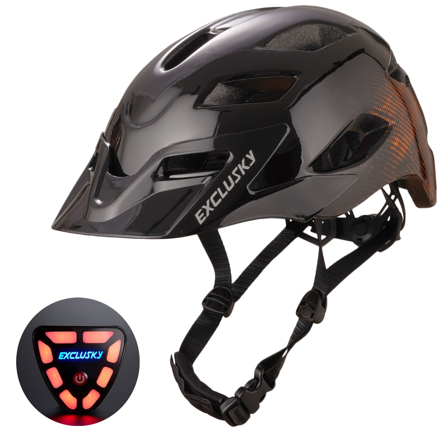 EXCLUSKY-casco de luz LED para bicicleta de montaña para adulto, con carga USB, M/L, 56-61CM: black  orange