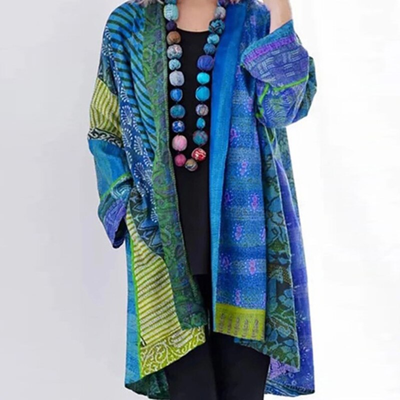 Women Autum Winter Ethnic Floral Tassel Cardigan Asymmetric Casual Coat Ladies Casual Loose Jacket Outwear: blue / XL