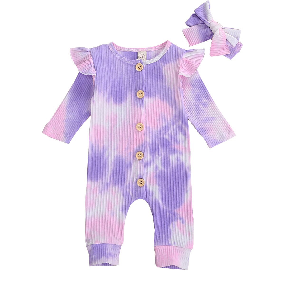 Mise au point 0-18M automne bébé filles garçons cravate-teinture barboteuses 2 couleurs à manches longues simple boutonnage combinaisons bandeau: B / 12M