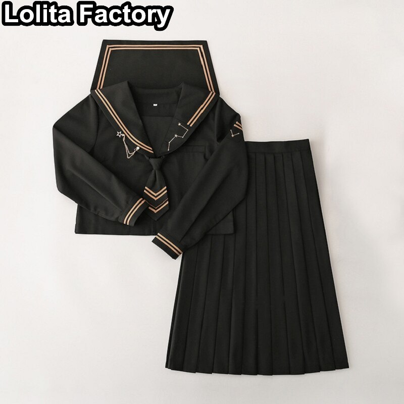 Gothic JK Sailor Suit Japanese Women girl uniform black Short/long Sleeve School Uniforms Pleated long skirt college Uniform Set: style 1 Long sleeve / XXL