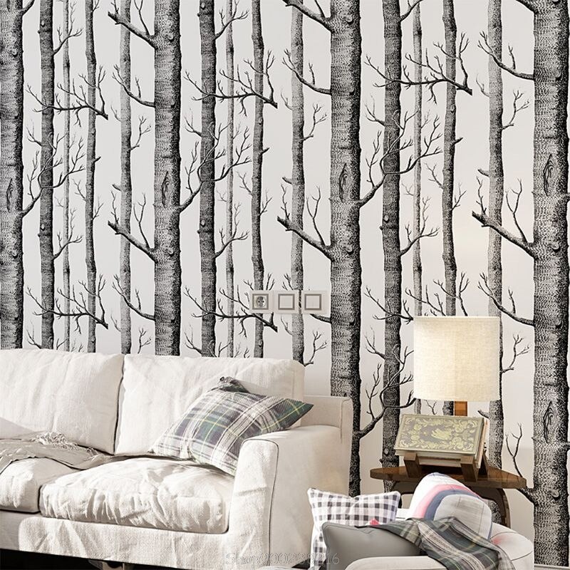 Black Black White Birch Tree Wallpaper Modern Roll Pearly Rustic Forest Woods Bedroom Living Room Wall Paper Home 10 x